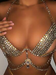 Sexy Sparkling Multilayer Crystal Water Drop Pendant Chest Chain, Exaggerated Women Lingerie Accessories - Gold - View 1