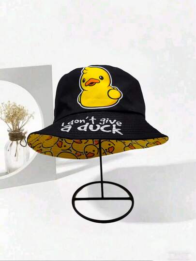 Reversible I Don't Give A Duck & Cute Yellow Duck Print Bucket Hat - Vacation Party Essential Unisex Fashion Cap
