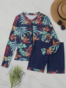 2 Peças Conjunto de Guarda-Manga Longa com Impressão de Folha - Top de Natação com Manga Raglan Longa e Zíper e Short Box para Esportes Aquáticos, Maiô e Roupa Feminina para Férias de Verão