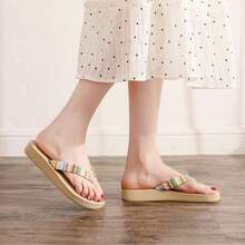 Imitación de hierba tejiendo chanclas, moda de verano, ladera exterior y playa, zapatillas frías para mujeres con pies - Albaricoque - Ver 5