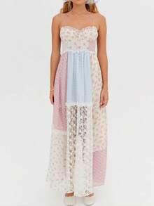 Women Spaghetti Strap Floral Maxi Dress Y2k Halter Lace Trim Tie Up Ruffle Long Dress Summer Boho Flowy Sundress - 彩色 - 查看 6