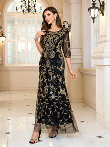 JINLICX Vintage Lady-Like Geometric Pattern Long Sleeve Dress, Luxurious, Suitable For Banquet, Party And Formal Occasions - Black - View 4