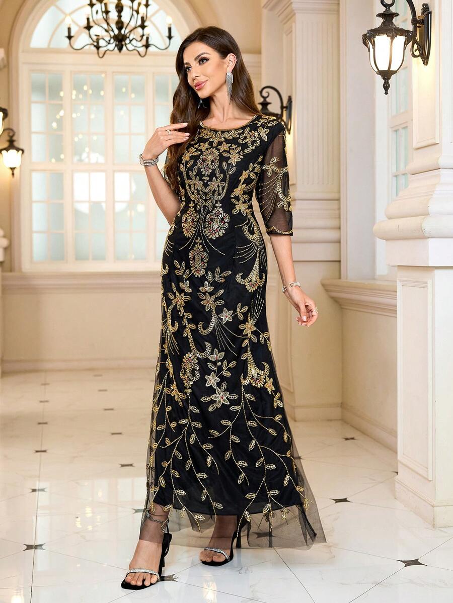 JINLICX 复古风奢华半袖黑色晚礼服