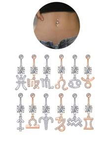 1 bucată culoare argintie culoare auriu-roz douăsprezece constelații zirconia sexy lung inel pentru buric piercing din oțel chirurgical femei inel pentru buric