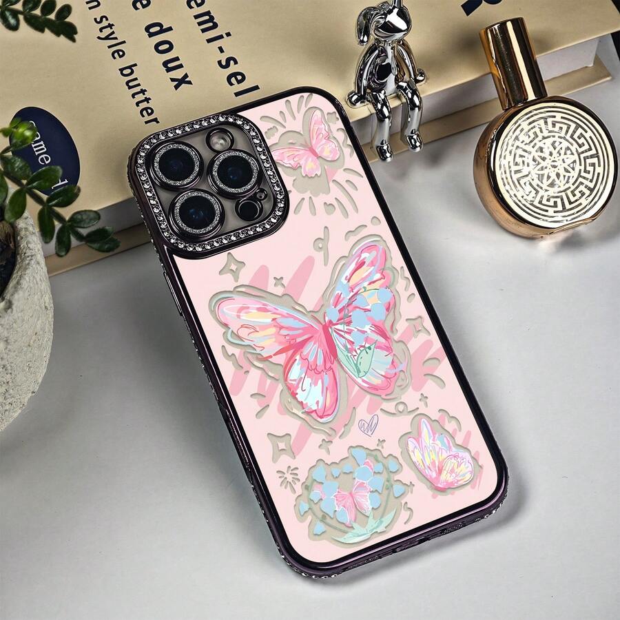 This Is A Stylish Diamond-Encrusted IPhone Case, Featuring A Delicate Pastel Butterfly Design In Vibrant Hues (Pink, Blue, Yellow), Complemented By Whimsical Star And Heart Doodles On A Soft Pink Backdrop. Sparkling Stones Elegantly Frame The Camera Module, Adding A Touch Of Glamour. It Serves As A Charming Gift For Friends, Family, And Loved Ones, Ideal For Those Who Appreciate Elegant, Nature-Inspired Artwork. Compatible With IPhone 12/13/14/15/16 Pro Max Plus Series. - Purple - View 1