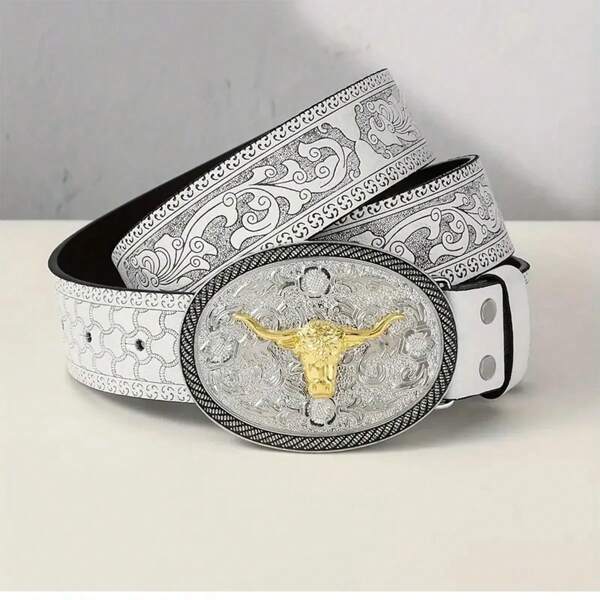 1 حزام جلد PU مزخرف بنقش الحيوان الغربي الرجعي، مناسب للجنسين، عصري يناسب جميع الملابس كالجينز والتنانير، مناسب للارتداء طوال العام في فصول الخريف وعيد الهالوين