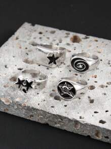 4pcs/Set Punk Metal Alloy Oil Drop Five-Pointed Star Openwork Rings Set For Men