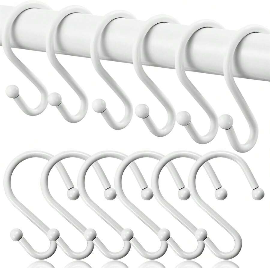 Shower Curtain Hooks, Metal Shower Hooks For Shower Curtain Rod, Rust Proof Metal Shower Curtain Rings, S Hook Set Of 12,White. - White - View 1