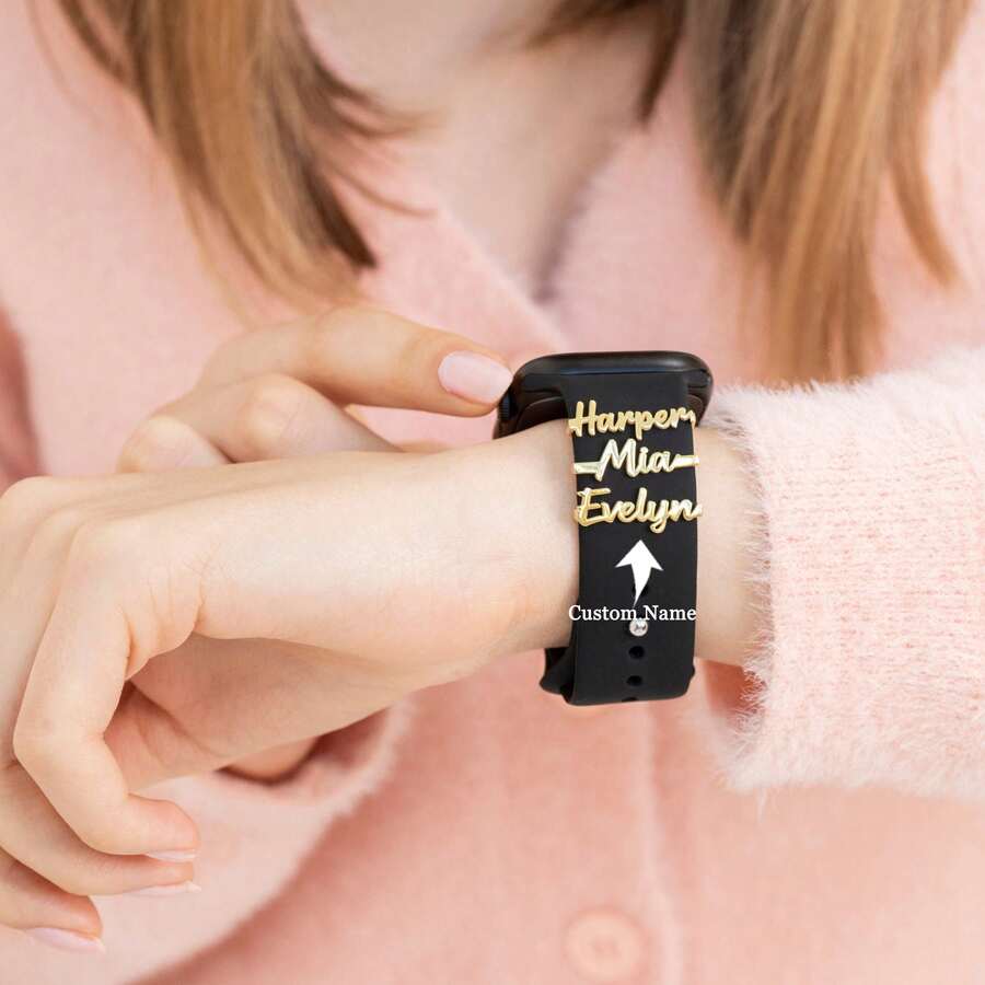 个性化定制姓名手表配件，配有个性化金色表带饰物，非常适合情人节、圣诞节礼物、学校礼物、送给她的礼物、父亲节、生日、生日礼物、万圣节（定制说明只能使用英文，其他语言将被翻译成英文） - 銀色 - 查看 1