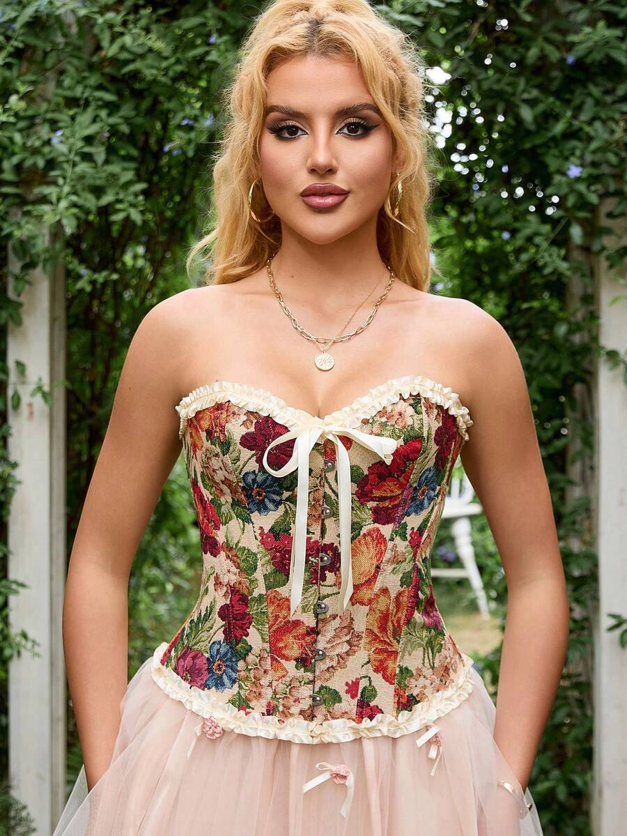 1pc Women's New Vintage Style Tight Bustier Lace Trim Carnation Floral Jacquard Boned Supportive Waist Cincher Corset Camisole, Casual Sexy Lace-Up Back Palace Style Shapewear Top, Suitable For Daily Wear Or Party Matching - Apricot - View 1