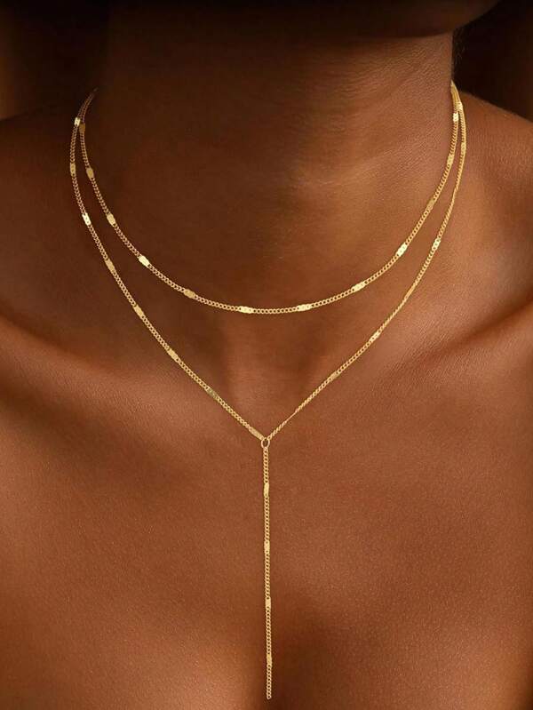 1 pièce Collier pour femmes de style européen et américain en forme de Y à double couche, plaqué or 14 carats. Collier long délicat, collier lariat en or. Bijou en or simple pour cadeau de femme