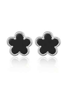 1 套 925 纯银防过敏幸运四叶草项链、吊坠耳环 - 五叶花图案镶嵌人造黑玛瑙 - 甜美可爱，适合女孩日常佩戴/派对 - 送给女儿朋友的理想幸运礼物