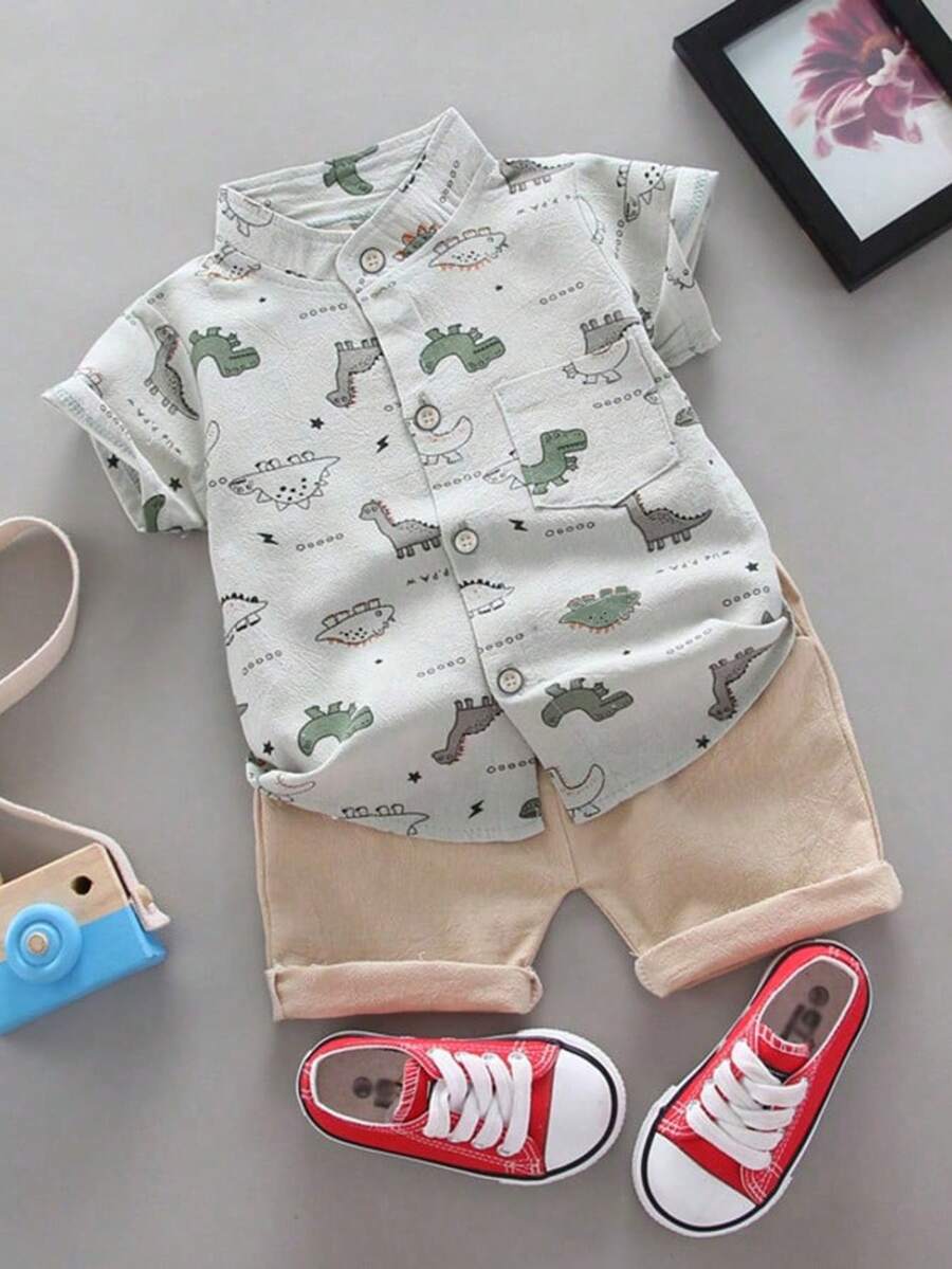 夏季婴儿恐龙印花短袖衬衫和裤子套装 - 淺灰色 - 查看 1