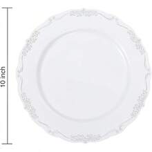 60PCS White Plastic Plates, Heavy Duty White Disposable Plates Premium 10inch Dinner Plates Hard Plastic Plates Disposable Party Wedding Bridal Shower-ZCC - 白色和銀色 - 查看 5