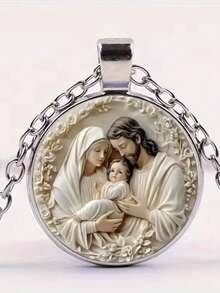 1 件神圣优雅的法式圣母与耶稣吊坠项链，镶嵌时间宝石玻璃合金，适合日常佩戴或送礼 - 銀色 - 查看 3