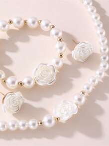 4pcs Women's Camellia & Faux Pearl Jewelry Set, Nautical Beach Style Jewelry Set, Women's Fashion Elegant Faux Pearl Jewelry
