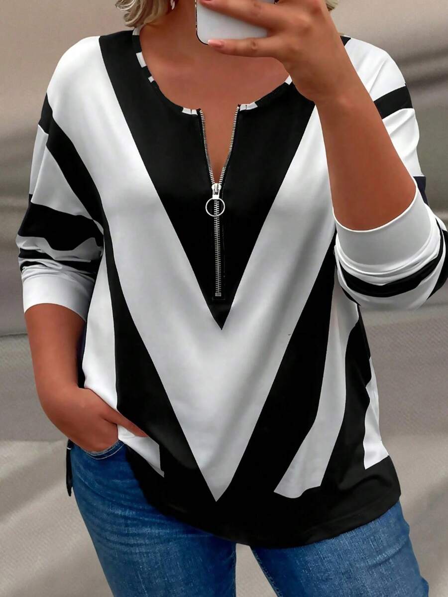 Blusa casual elegante de manga larga con decoración de anillo con cremallera, adecuada para todas las estaciones, talla grande - Blanco y Negro - Ver 1