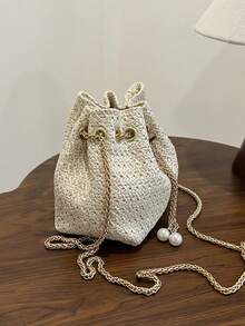 2025 New Woven Small Bucket Bag For Women, Chic Drawstring Chain Shoulder Messenger Bag - Beige - View 6