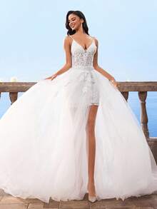 HEARBOBO 细肩带白色蕾丝网眼 A 字形新娘婚纱 - 白色 - 查看 6