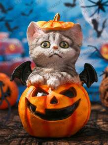 1 pièce Figurine de chat d'Halloween mignonne, statue de chaton de citrouille en résine Calico, décoration d'intérieur de style bohème, décoration de chambre, décoration intérieure, ambiance décorative pour les fêtes, Halloween, décoration de maison
