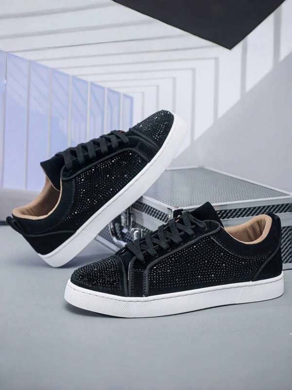 Tênis masculino, couro sintético, bico redondo de alta qualidade, leve, antiderrapante, respirável, sola macia, resistente ao desgaste, adequado para uso casual, esportivo, corrida, palco, festa, todas as estações, estilo europeu, rebite, brilhante, marca da moda