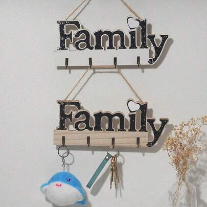 1pc FAMILY Faux Wood Grain Decorative Key Holder Hook For Entryway, Living Room, Outdoor, Yard Decor - Rustic Wall Mounted Key Organizer, Home Organization Accessory, Charming Farmhouse Style, Durable Wood-Look Finish, Easy Install, Gift For Mother's Day, Spring And Summer Home Decor, Perfect For Hallways And Rooms