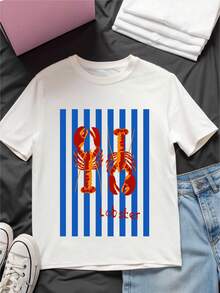 女式夏季休闲圆领短袖龙虾印花图案 T 恤，简约风格，适合日常穿着，秋季女装，秋装，秋季，返校，校服，返校服，Y2k 女装上衣，女式图案 T 恤，全白