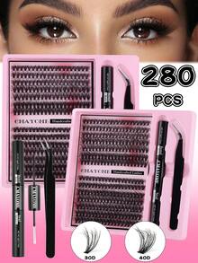 280 Clusters DIY Eyelash Extension Kit - Fluffy Russian30D+40D+50D+60D+80D+100D DD Curl, Mixed Lengths 10-16mm, 0.07mm Thickness, Waterproof Faux Mink Lashes With Tweezers & Bond/Seal Glue, Beginner-Friendly Reusable Set Lash Clusters Kit, Lashes, Eyelashes, Fake Lashes