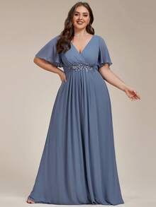 EVERPRETTY Elegant Chiffon V-Neck Ruffle Sleeve Floral Applique Blue Bridesmaid Dress, Suitable For Party, Wedding Guest Wear Spring - Dusty Blue - View 5