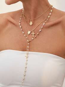 1pc Minimalist Vintage Cross & Pearl Layered Necklace, Fashion Statement Choker Necklace, Suitable For Party, Gathering, Daily Wear, Gift For Her