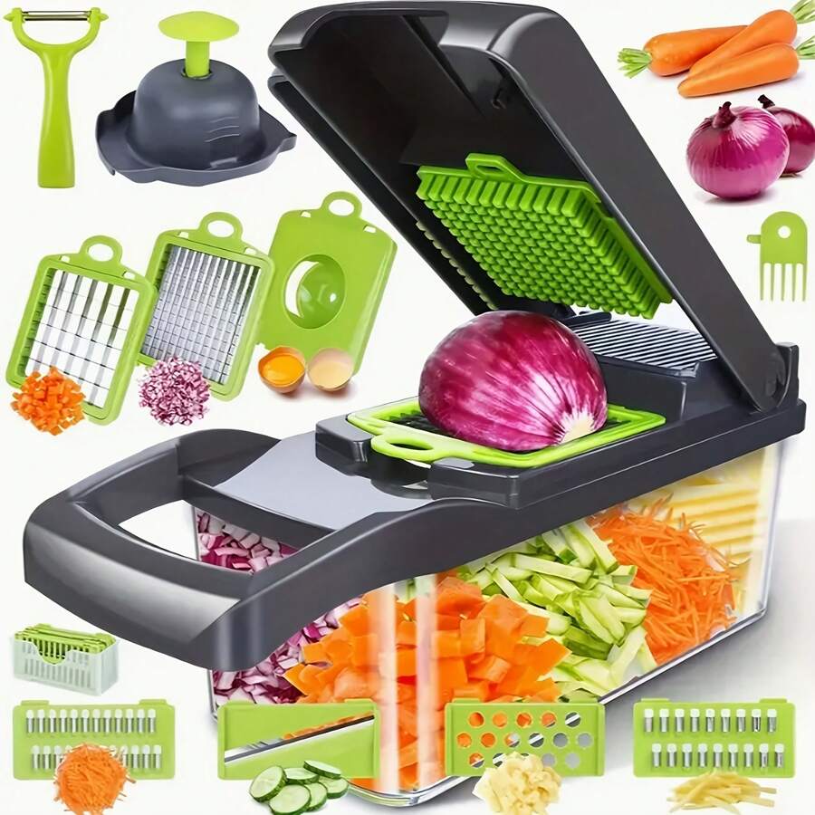 16-In-1 Manual Multi-Function Vegetable Chopper Set, Includes 8 Blades, Container, Peeler And Strainer, Easy Cooking Preparation, Professional For Cutting Onion, Carrot And Garlic, Kitchen Supplies Father's Day Gift
