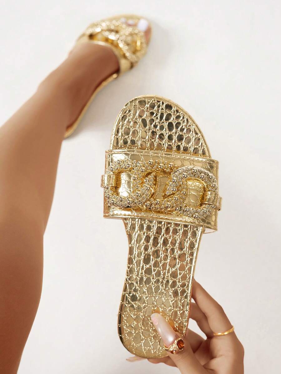 Women Flat Thong Sandals With Gold Chain, Fashion Strap Slip On Beach Sandals For Summer