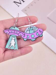 1 Pair Spaceship & Alien Cat Earrings, Party Jewelry Decoration For Women - Multicolor - View 4