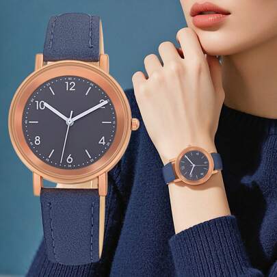 1pc Women's Fashionable Quartz Watch, PU Leather Strap, Round Dial, Everyday Wear
