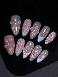 ลูกกวาดลายดอกไม้และริบบิ้น 3 มิติ หลายสี เล็บทำมือ 100% เล็บปลอมแบบกด มีโบว์ ประดับเล็บ 10 ชิ้น เล็บปลอมทรงอัลมอนด์ ใช้ซ้ำได้ สำหรับการออกแบบเล็บสำหรับสตรีและเด็กผู้หญิง อุปกรณ์ทำเล็บ