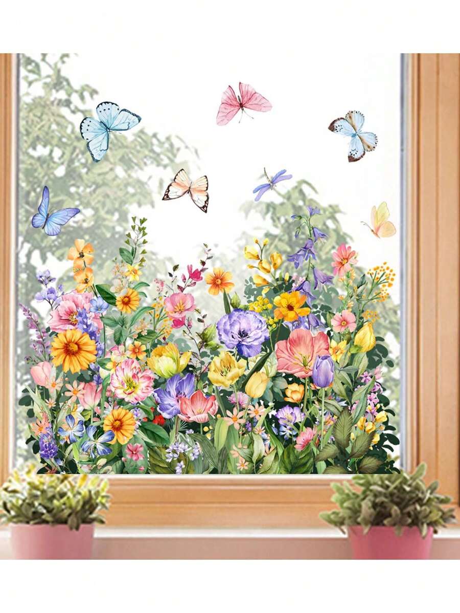 1pc Window Stickers Colorful Plants Flowers Butterfly Stickers Waterproof Dustproof PVC Stickers Material Removable Wear-Resistant Self-Adhesive Easy-To-Tear Stickers Suitable For Window Decoration Glass Stickers Window Stickers Home Decor Wall Stickers Home Decor Make Your Life Brand New Holiday Decoration Stickers Birthday Graduation Gifts Room Decor Wall Decor