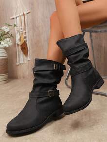 بوت منتصف الساق لموسم الخريف/الشتاء 2025، بوت مكعب ذات كعب قصير مستورد مع حزام وإبزيم، برؤوس مستديرة، للنساء، غير قابلة للانزلاق صنف عادي - الأسود - مشاهدة 6