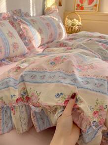 4 件套花卉蕾丝床上用品套装，柔软舒适的卧室床单，可爱的花卉图案，透气柔软的四季床上用品套装，包括 1 个羽绒被套、1 个床单、2 个枕套，无填充物，适用于卧室、宿舍、家庭使用，多种尺寸可选 - 粉色 - 查看 6