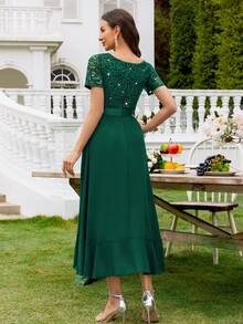 MIUSOL فستان سوينغ أنيق للحفلات والسهرات، ذو رقبة على شكل حرف V مزين بالترتر والدانتيل والشيفون المكشكش، مناسب لحضور حفلات الزفاف والعشاء