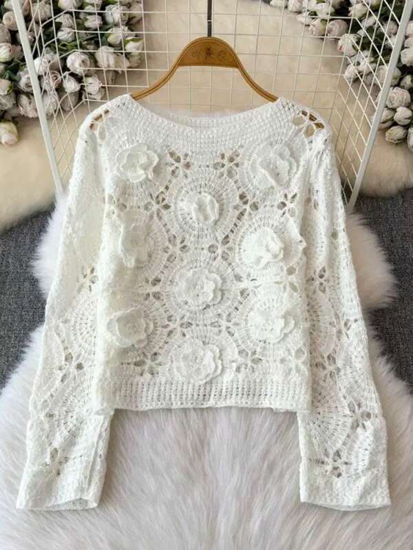 Suéter de malha bordô vazado com crochê de flores 3D da moda feminina