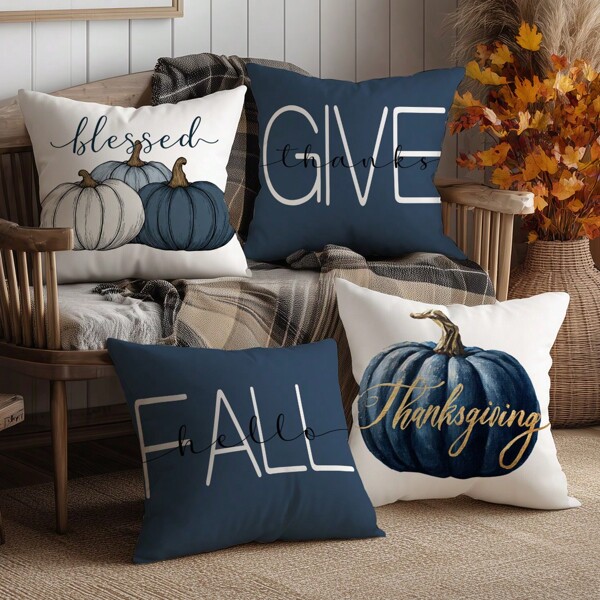 4pcs Vintage Autumn Decorative Navy Blue Pumpkin Pillow Cover Set, Single-Sided Printed Coral Fleece Material, 45*45/50*50/40*40CM Cushion Cover Suitable For Room Decor, Modern Minimalist Sofa Living Room Decor, Gift, Party Decoration