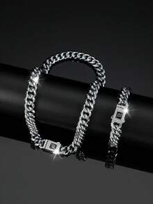 1 条项链 + 1 条手链 嘻哈风格珠宝套装 链设计 密镶闪亮水钻 适合女性