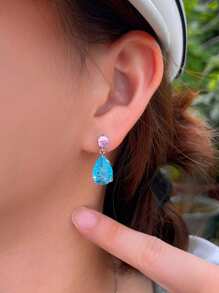 1 Pair Icy Cracked Blue Pink Cubic Zirconia Silver Plated Water Drop Shape Dangle Earrings, Women Cute Costume Jewelry Accessories For Wedding, Party, Prom, Brides, Bridesmaids, Female, Ladies Gift