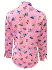 Camisa com botão na frente com estampa de borboleta,  Estilo Europeu e Americano Novo camisa casual de manga longa na primavera e no outono, camisa feminina confortável - Rosa chiclete - Visão 4