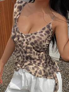 Seelio Summer New Arrival Women's Layered Leopard Print Chiffon Mesh Blouse
