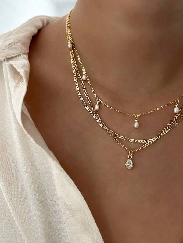 1pc Elegant Minimalist 3-Layer Faux Pearl Water Drop Pendant Necklace, Suitable For Women's Daily Wear