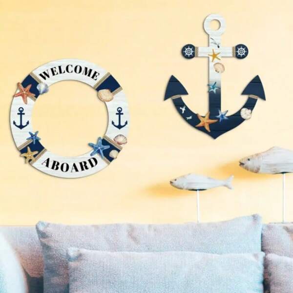 3-Piece Putuo Decor Nautical Wooden Wall Decor Set - Featuring Ship Wheel, Anchor And Life Buoy Designs With Starfish And Seashells, 2D Flat Wall Hanging Decorations, Suitable For Home, Cabin, Cafe, Office, Bar - Unique Gift Idea