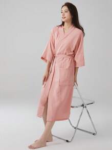 1 pieza Bata de mujer de gasa de unicolor con cuello recto, bata larga, ropa de dormir, informal, suave, absorbente, para baño, dormitorio, piscina, hotel, spa, uso personal, regalo