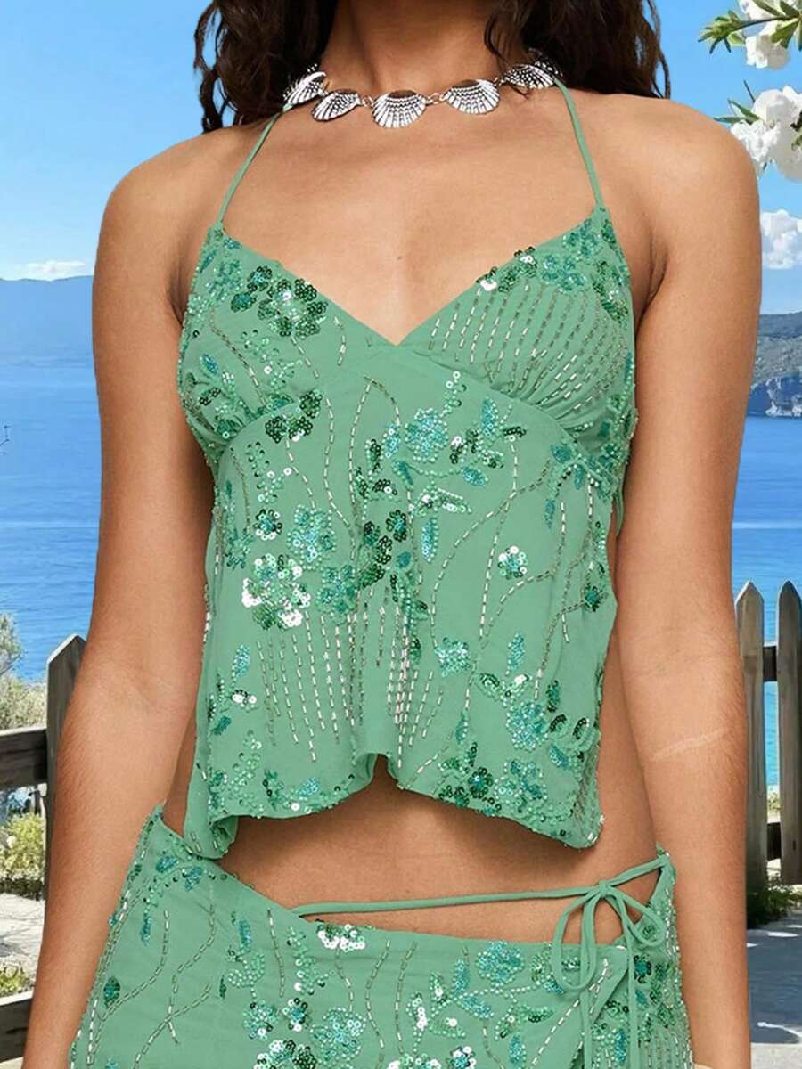 Women's Sequins Sleeveless Halter Neck Tank Tops Tie Backless Beaded Flower Cami Tops Summer Vest Shirts