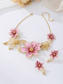 Conjunto de 3 peças de colar e brincos com pingente floral esmaltado elegante, adequado para roupas femininas do dia a dia e de férias, presente